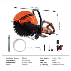 Electric Concrete Saw, 16 in, 2800 W 15 A Motor Circular Saw Cutter with Max. 6 in Adjustable Cutting Depth, Wet Disk Saw Cutter Includes Water Line, Pump and Blade, for Stone, Brick
