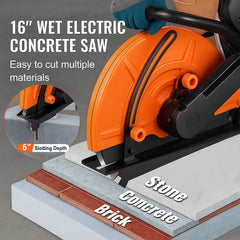 Electric Concrete Saw, 16 in, 2800 W 15 A Motor Circular Saw Cutter with Max. 6 in Adjustable Cutting Depth, Wet Disk Saw Cutter Includes Water Line, Pump and Blade, for Stone, Brick