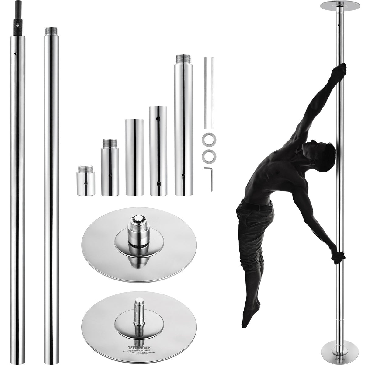 Professional Dancing Pole, Spinning Static Dancing Pole Kit, Portable Removable Pole, 45mm Heavy-Duty Stainless Steel Pole, Height Adjustable Fitness Pole, for Exercise Home Club Gym, Silver