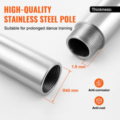 Professional Dancing Pole, Spinning Static Dancing Pole Kit, Portable Removable Pole, 45mm Heavy-Duty Stainless Steel Pole, Height Adjustable Fitness Pole, for Exercise Home Club Gym, Silver