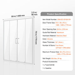 Semi-frameless Double Sliding Shower Door SGCC Tempered Glass 1/4" Chrome