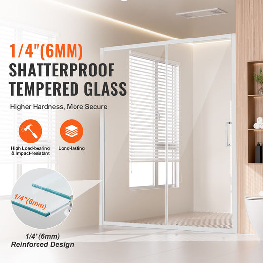 Semi-frameless Shower Door 57.7-59" x 70" SGCC Tempered Glass 1/4" Chrome
