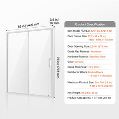 Semi-frameless Shower Door 57.7-59" x 70" SGCC Tempered Glass 1/4" Chrome