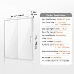 Semi-frameless Shower Door 57.7-59" x 70" SGCC Tempered Glass 1/4" Chrome