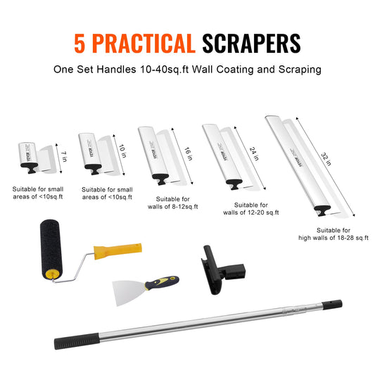 Drywall Skimming Blade Set, 7/10/14/16/24 in Skimming Blades + 34 - 81.6 in Extension Handle Pole, Stainless Steel Knife Professional Skim Coat Tools, for Gyprock/WallBoard/Plasterboard