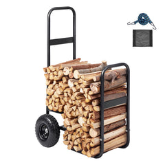 Firewood Log Cart, 113 kg Load Capacity, Outdoor and Indoor Wood Rack Storage Mover with Pneumatic Rubber Wheels, Heavy Duty Steel Dolly Hauler, Firewood Carrier for Fireplace, Fire Pit, Black
