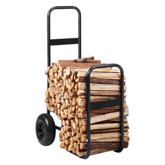 Firewood Log Cart, 113 kg Load Capacity, Outdoor and Indoor Wood Rack Storage Mover with Pneumatic Rubber Wheels, Heavy Duty Steel Dolly Hauler, Firewood Carrier for Fireplace, Fire Pit, Black