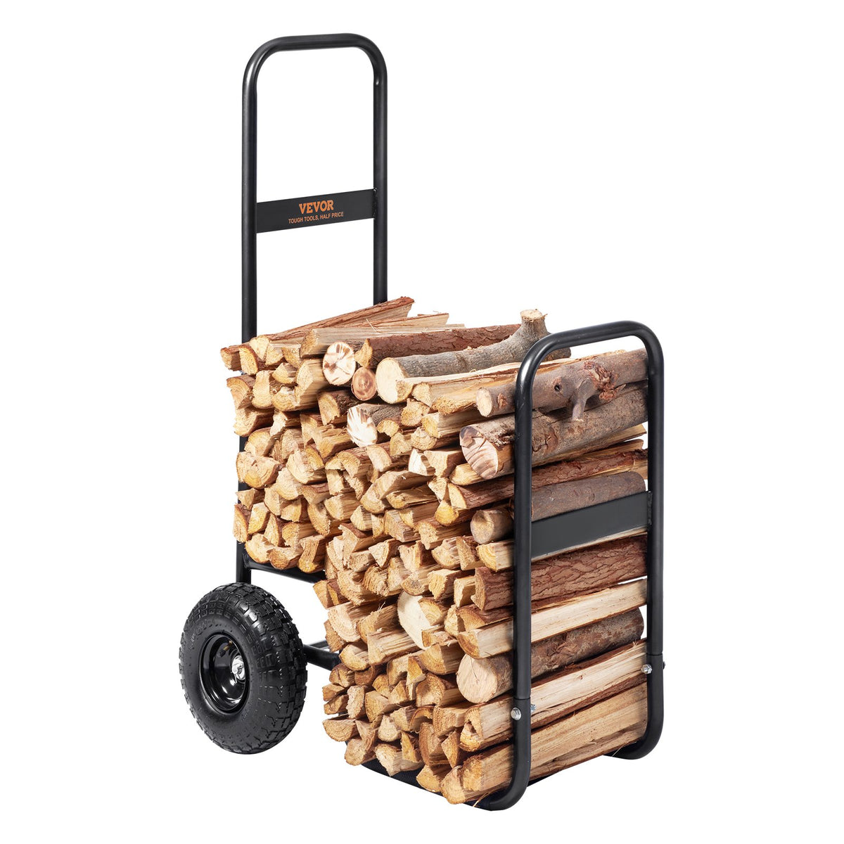 VEVOR Firewood Log Cart, 113 kg Load Capacity, Outdoor and Indoor Wood Rack Storage Mover with Pneumatic Rubber Wheels, Heavy Duty Steel Dolly Hauler, Firewood Carrier for Fireplace, Fire Pit, Black