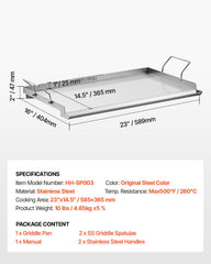Stainless Steel Griddle, 23x16 inch Universal Flat Top Rectangular Plate, Gas Grill Griddle for BBQ Grill, Teppanyaki, Portable Family Cookware with Handle, for Camping Tailgating Party