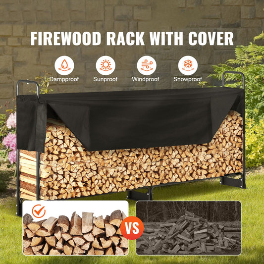 Firewood Rack with Waterproof Cover, 257 x 36 x 117 cm Outdoor Firewood Holder, 660lb Weight Capacity, 1/2 Cord Log Holder, Half-Covered, Powder-coated Wood Storage Rack for Fireplace Deck
