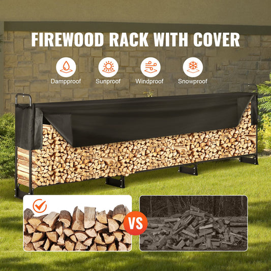 Firewood Rack with Waterproof Cover, 383 x 36 x 117 cm Outdoor Firewood Holder, 660lb Weight Capacity, 1/2 Cord Log Holder, Half-Covered, Powder-coated Wood Storage Rack for Fireplace Deck