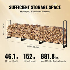 Firewood Rack with Waterproof Cover, 383 x 36 x 117 cm Outdoor Firewood Holder, 660lb Weight Capacity, 1/2 Cord Log Holder, Half-Covered, Powder-coated Wood Storage Rack for Fireplace Deck