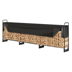 Firewood Rack with Waterproof Cover, 383 x 36 x 117 cm Outdoor Firewood Holder, 660lb Weight Capacity, 1/2 Cord Log Holder, Half-Covered, Powder-coated Wood Storage Rack for Fireplace Deck