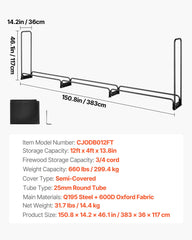 VEVOR Firewood Rack with Waterproof Cover, 383 x 36 x 117 cm Outdoor Firewood Holder, 660lb Weight Capacity, 1/2 Cord Log Holder, Half-Covered, Powder-coated Wood Storage Rack for Fireplace Deck