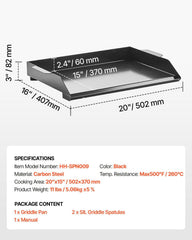 Carbon Steel Griddle, 22x16 inch Universal Flat Top Rectangular Plate, Gas Grill Griddle for BBQ Grill, Teppanyaki, Portable Family Cookware, for Camping Tailgating Party, Black
