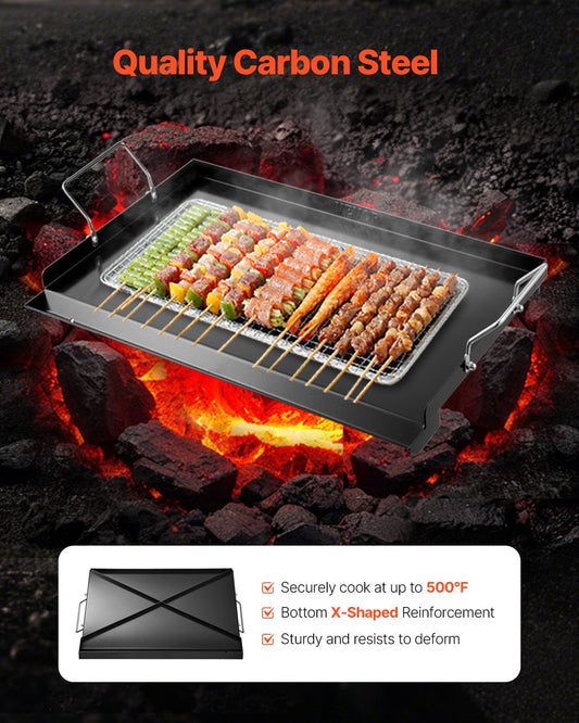 Carbon Steel Griddle, 24x16 inch Universal Flat Top Rectangular Plate, Gas Grill Griddle for BBQ Grill, Teppanyaki, Portable Family Cookware with Handle, for Camping Tailgating Party