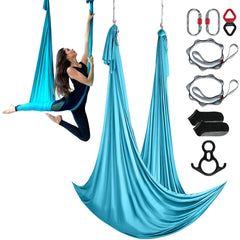 Aerial Silk & Yoga Swing, 10 m Length, Aerial Yoga Hammock Kit with 100gsm Nylon Fabric, Full Rigging Hardware & Easy Set-up Guide, Antigravity Flying for All Levels Fitness Bodybuilding, Blue