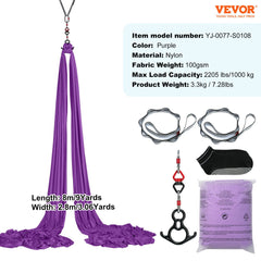 Aerial Silk & Yoga Swing, 8 m Length, Aerial Yoga Hammock Kit with 100gsm Nylon Fabric, Full Rigging Hardware & Easy Set-up Guide, Antigravity Flying for All Levels Fitness Bodybuilding, Purple