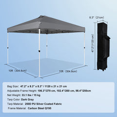 Pop Up Canopy Tent, 10 x 10 ft, 250 D PU Silver Coated Tarp, with Portable Roller Bag and 4 Sandbags, Waterproof and Sun Shelter Gazebo for Outdoor Party, Camping, Commercial Events, Dark Gray