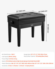 Piano Bench, Keyboard Piano Chair with 19.3"-22.8" Adjustable Height, Padded Cushion, Storage Compartment for Music Books, Heavy Duty Wooden Piano Stool Seat, for Vanity, Living Room, Bedroom