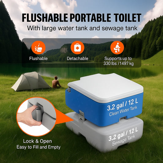 Portable Toilet for Camping with Carry Bag, RV Toilet with 3.2 Gal Waste Tank, Push-Button Pressurized Flush Commode, Leak-proof and Odourless Travel Toilet for Adults Kids Camping Car