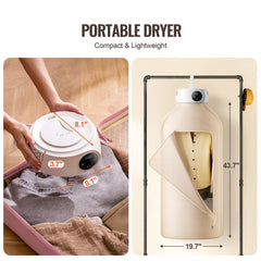 Portable Clothes Dryer, Clothes Dryer with Dryer Bag, PTC Heating & LED Display, Foldable Mini Dryer with 5-H Timer for Apartments, Dorms, RVs, or Hotels, 600W, Beige