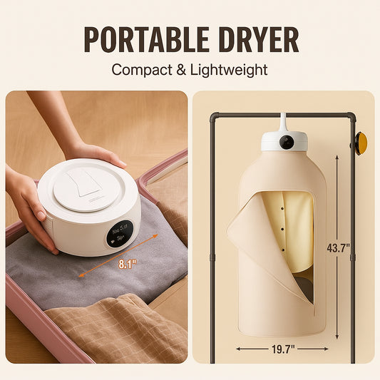 Portable Clothes Dryer, Clothes Dryer with Dryer Bag, PTC Heating & LED Display, Foldable Mini Dryer with 5-H Timer for Apartments, Dorms, RVs, or Hotels, 600W, Beige