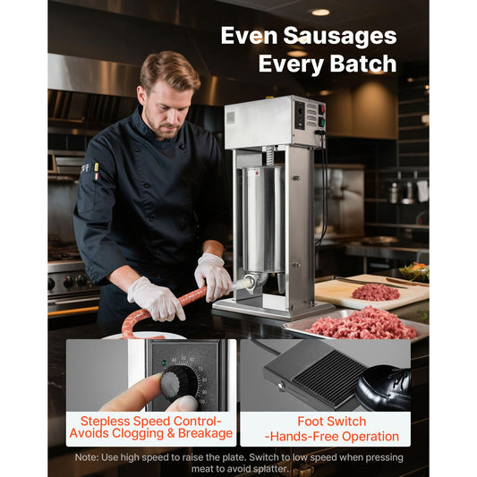 Electric Sausage Stuffer, 33 LBS / 15 L Vertical Meat Stuffer, Stepless Speed Control and Foot Pedal, Stainless Steel Heavy Duty Sausage Filler with 4 Stuffing Tubes, for Commercial & Home Use
