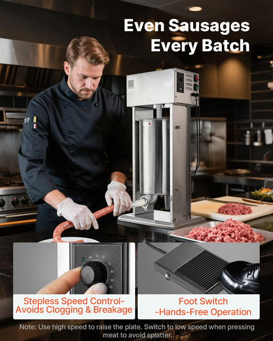 Electric Sausage Stuffer, 33 LBS / 15 L Vertical Meat Stuffer, Stepless Speed Control and Foot Pedal, Stainless Steel Heavy Duty Sausage Filler with 4 Stuffing Tubes, for Commercial & Home Use