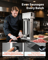 Electric Sausage Stuffer, 33 LBS / 15 L Vertical Meat Stuffer, Stepless Speed Control and Foot Pedal, Stainless Steel Heavy Duty Sausage Filler with 4 Stuffing Tubes, for Commercial & Home Use