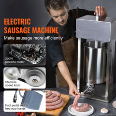 Electric Sausage Stuffer, 12 L / 25 LBS Vertical Meat Stuffer, 200W Motor, Stepless Speed Control and Foot Pedal, Made of Food-grade 304 Stainless Steel, 5 Stuffing Tubes for Home, Commercial
