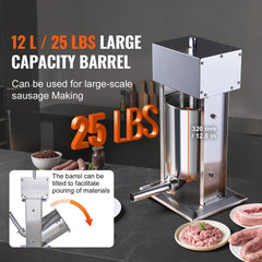 Electric Sausage Stuffer, 12 L / 25 LBS Vertical Meat Stuffer, 200W Motor, Stepless Speed Control and Foot Pedal, Made of Food-grade 304 Stainless Steel, 5 Stuffing Tubes for Home, Commercial