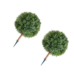 Artificial Topiary Boxwood Trees with Ground Spike, 2 Set 686mm Faux Shrubs & Bushes Potted Plants, Fake Silk Tree Look Real for Decor Front Porch Outdoor Indoor Patio Garden Balcony Backyard
