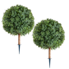 Artificial Topiary Boxwood Trees with Ground Spike, 2 Set 686mm Faux Shrubs & Bushes Potted Plants, Fake Silk Tree Look Real for Decor Front Porch Outdoor Indoor Patio Garden Balcony Backyard