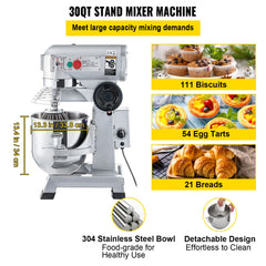Commercial Food Mixer 30Qt, Food Mixer Commercial with Timing Function, 1100W Stainless Steel Bowl Heavy Duty Electric Commercial Mixer with 3 Speeds Adjustable 108/199/382 RPM, Dough Hook Whisk