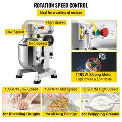 Commercial Food Mixer 30Qt, Food Mixer Commercial with Timing Function, 1100W Stainless Steel Bowl Heavy Duty Electric Commercial Mixer with 3 Speeds Adjustable 108/199/382 RPM, Dough Hook Whisk