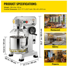Commercial Food Mixer 30Qt, Food Mixer Commercial with Timing Function, 1100W Stainless Steel Bowl Heavy Duty Electric Commercial Mixer with 3 Speeds Adjustable 108/199/382 RPM, Dough Hook Whisk