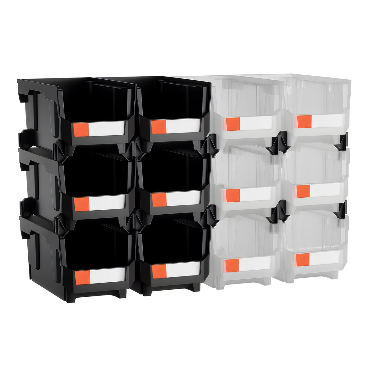 Plastic Stackable Storage Bins, 37.7 x 21.5 x 18 cm (12 Pack), Plastic Containers for Organizing & Storage Bins for Garage, Small Parts, Office Supplies, Other Accessories, Black & Transparent