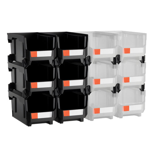 Plastic Stackable Storage Bins, 37.7 x 21.5 x 18 cm (12 Pack), Plastic Containers for Organizing & Storage Bins for Garage, Small Parts, Office Supplies, Other Accessories, Black & Transparent