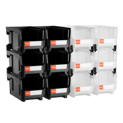 Plastic Stackable Storage Bins, 37.7 x 21.5 x 18 cm (12 Pack), Plastic Containers for Organizing & Storage Bins for Garage, Small Parts, Office Supplies, Other Accessories, Black & Transparent
