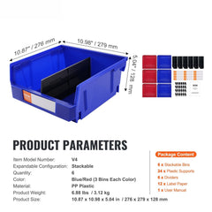 Plastic Storage Bin, (276 mm x 279 mm x 128 mm), Hanging Stackable Storage Organizer Bin, Blue/Red, 6-Pack, Heavy Duty Stacking Containers for Closet, Kitchen, Office, or Pantry Organization