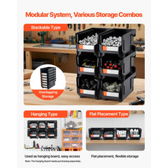 Plastic Stackable Storage Bins, 37.7 x 21.5 x 18 cm (6 Pack), Plastic Containers for Organizing and Storage Bins for Closet, Garage, Small Parts, Office Supplies and Other Accessories, Black
