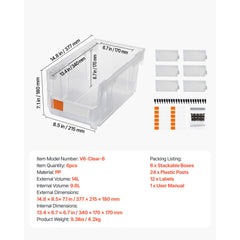 Plastic Stackable Storage Bins, 37.7 x 21.5 x 18 cm (6 Pack), Plastic Containers for Organizing & Storage Bins for Closet, Garage, Small Parts, Office Supplies, Other Accessories, Transparent