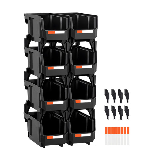Plastic Stackable Storage Bins, 27.6 x 14 x 13 cm (8 Pack), Plastic Containers for Organizing and Storage Bins for Closet, Garage, Small Parts, Office Supplies and Other Accessories, Black