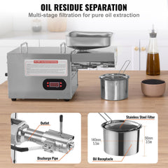 Electric Oil Press Machine, 850W Stainless Steel Oil Extractor Machine, Adjustable Temperature, Hot Press Oil Expeller for Pressing Peanuts, Sesame Seeds, Rapeseed, Tea Seeds