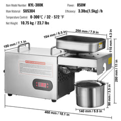 Electric Oil Press Machine, 850W Stainless Steel Oil Extractor Machine, Adjustable Temperature, Hot Press Oil Expeller for Pressing Peanuts, Sesame Seeds, Rapeseed, Tea Seeds