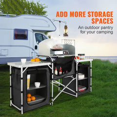 Camping Kitchen Table, Folding Outdoor Cooking Table with Storage Carrying Bag, Aluminum Cook Station 3 Cupboard & Detachable Windscreen, Quick Set-up for Picnics, BBQ, RV Traveling, Black