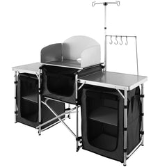 Camping Kitchen Table, Folding Outdoor Cooking Table with Storage Carrying Bag, Aluminum Cook Station 3 Cupboard & Detachable Windscreen, Quick Set-up for Picnics, BBQ, RV Traveling, Black