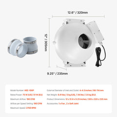 4" to 4.5" Radon Mitigation Fan System Quiet 190CFM Inline Duct Waterproof