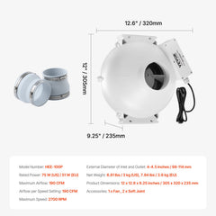 4" to 4.5" Radon Mitigation Fan System Quiet 190CFM Inline Duct Waterproof